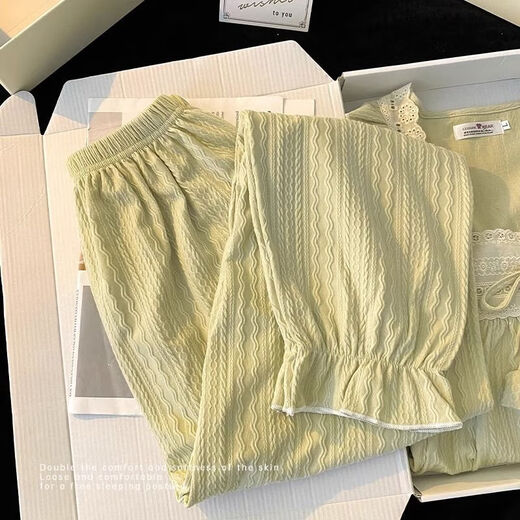 
Feifei Yinman Spring and Autumn Pajamas for women 2025 new pure cotton long-sleeved sweet princess style for outdoor wear home clothing set 9904 apricot color [with chest pad] L