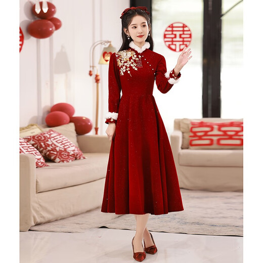 Lanka Roni winter toast dress bride thick 2025 new Chinese style cheongsam burgundy wedding dress women's high-end long-sleeved burgundy GS764 shawl long L (recommended 106-115 Jin Jin equals 0.5 kg)