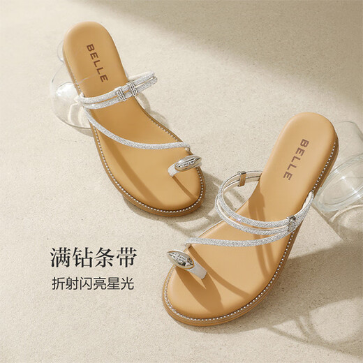 百丽（Belle）时尚夹脚人字拖女商场同款水钻休闲拖鞋3CQ30BT4预售 银色 37 (235mm)
