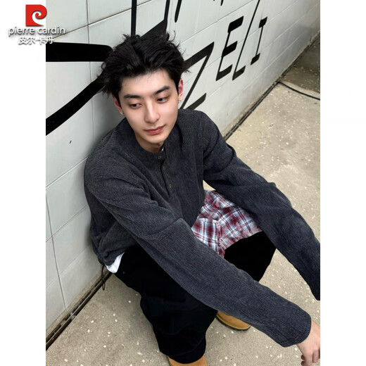 Pierre Cardin black Henry collar sweater for men, autumn old money style long-sleeved T-shirt, American retro lazy top knitted black, upgraded style M