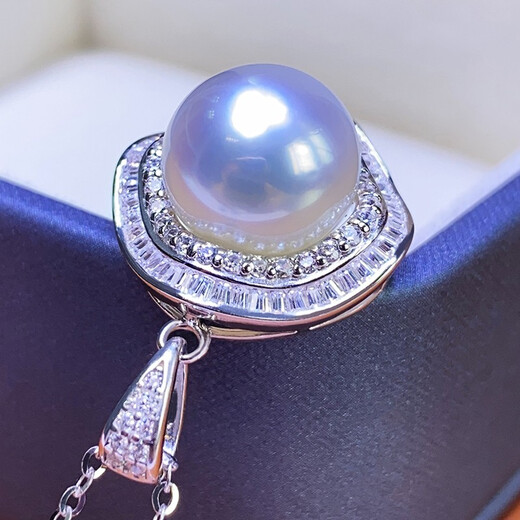 Moh's South Sea white pearl necklace, natural Australian white, round, flawless seawater pearl pendant, 18K gold inlaid with diamonds, diamond-shaped pearl pendant for girlfriend, wife, elders, white pearl pendant 12-13mm