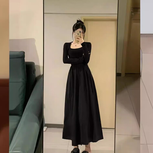 FOX.G Black Dress Women's Autumn and Winter Skirt Women's 2025 Spring and Autumn New Long Skirt Small Women's Skirt Autumn Wear Black Square Neck Waist Long Sleeve Dress XL Recommended 105-125Jin Jin equals 0.5 kg