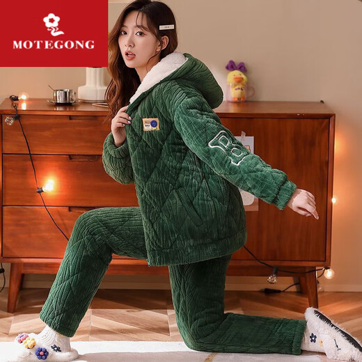 丝踏 三层夹棉睡衣女冬季提花绒加厚加绒拉链可外穿冬天家居服套装 12129米白 【三层夹棉】 2XL 建议130-150斤