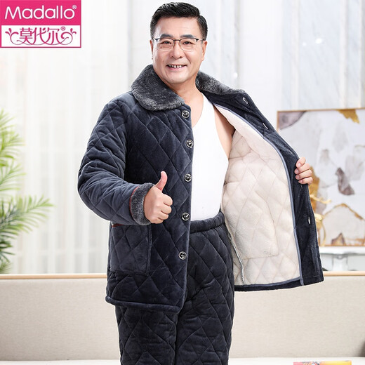 莫代尔睡衣男秋冬季三层加厚加绒珊瑚绒夹棉袄男士中老年爸爸家居服冬天 C9921#黑灰色男【长毛绒】 XL (125-145斤)