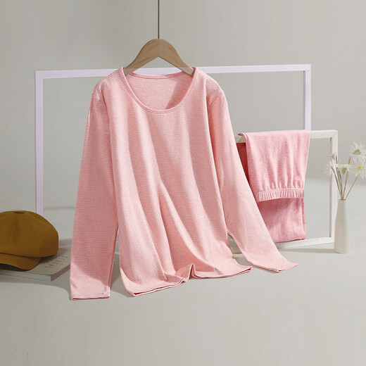 AB Unterwäsche Frauen warmer Anzug rund Hals dünne Stretchbaumwolle bequeme Farbe gewebt gestreift Schlanker Herbstkleidung und Hosen R841 Rice Grey Farbstreifen XL (165/95)