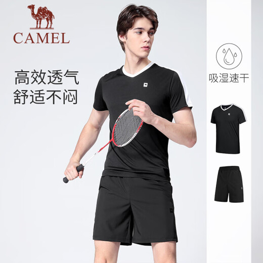 Camel (CAMEL) badminton suit men's sports tops women's quick-drying shorts table tennis tennis training clothes summer phantom black, two-piece set S