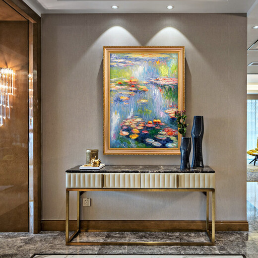 帝旗莫奈 睡莲 手绘油画竖版现代简约轻奢风格玄关装饰画走廊餐厅挂画 692金实木框 100X180