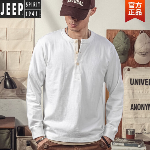 JEEP SPIRIT American Retro Henley Long Sleeve T-Shirt Men's Khaki Retro Old Loom Tube Woven Henley Collar T-Shirt Men's Sand Gray + CPH28 The quality is higher than that of its peers 2XL Fast Delivery