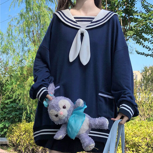 蓝骏启日系可爱兔耳朵圆领风宽松卫衣女蝴蝶结长袖秋装套头上衣学生 白色 757（薄款） M （建议60~80）
