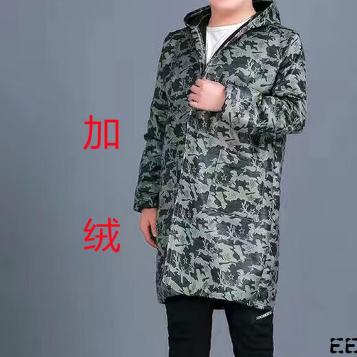 Guiren Xiong velvet thickened smock, warm coat, men's and women's work clothes, waterproof and oil-proof camouflage long coat, kitchen long-sleeved labor insurance suit, blue floral (with hood), medium size (120-170)