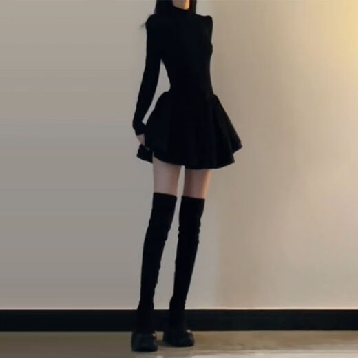 LeCali Hepburn style dress for spring and autumn with ballet princess style tutu skirt bottoming half turtleneck little black dress Hepburn style dress XL without pearl chain