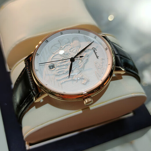 Caluola watch men's mechanical watch fully automatic retro relief waterproof thin belt watch gold and white belt CA1278