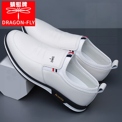 Dragonfly Brand Genuine Leather White Men's Shoes Men's Leather Shoes Men's Business Casual Korean Style Invisible Heightening Shoes Versatile Soft Sole Shoes White - Heightening Style 41