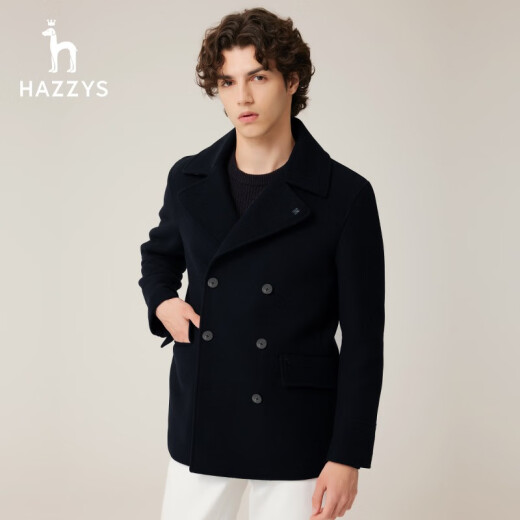 哈吉斯（HAZZYS）男装 秋季新款男外套羊毛大衣上班通勤毛呢大衣男ABSZH0ADH27 深藏青色DN XL (180/100A 50)