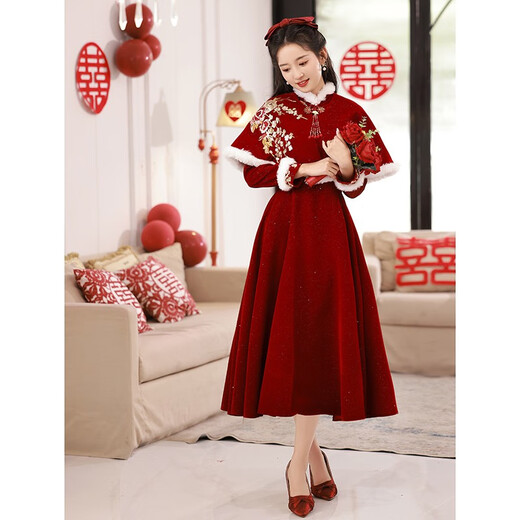 Lanka Roni winter toast dress bride thick 2025 new Chinese style cheongsam burgundy wedding dress women's high-end long-sleeved burgundy GS764 shawl long L (recommended 106-115 Jin Jin equals 0.5 kg)