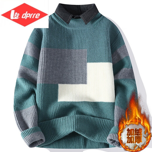 Lee dprre men's shirt collar sweater autumn and winter plus velvet thickened fake two-piece sweater youth casual base knit sweater men R9923 m white thickened plus velvet M