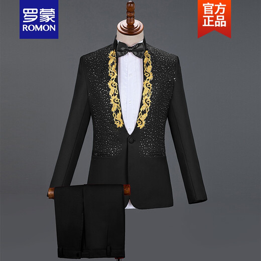 ROMON light luxury performance clothing male adult stand-up collar sequined singer host clothing stage chorus men's dress suit new product white buy jacket + pants + bow tie 185/96A