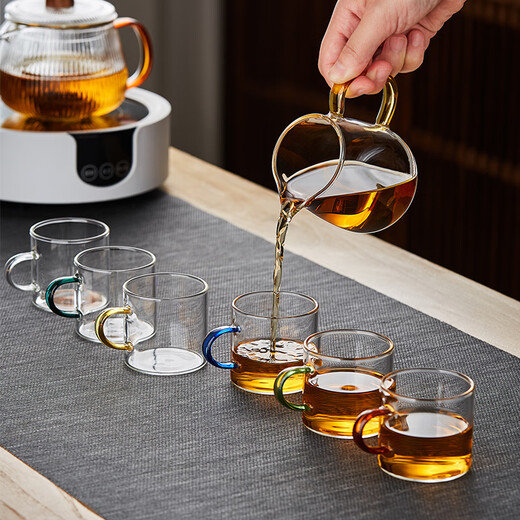 Green Changming glass small tea cup thickened with handle tea cup tea set small cup tea cup six-color tea cup + cup holder
