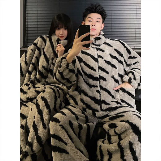 Coral velvet couple pajamas for women that can be worn outside, winter style plus velvet and thickened, high-end striped men's home clothes set XY Velvet #66731 Male L (weight 95-120