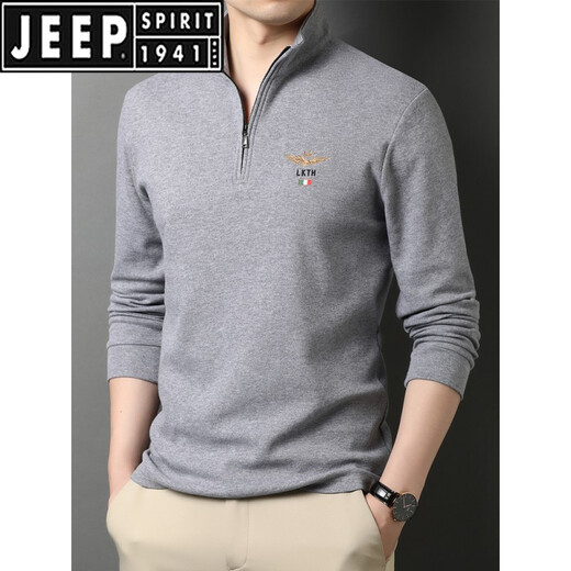 Jeep Spirit Herren-Langarm T-Shirt Herren Frühling und Herbst halbhoher Hals reines Baumwollbasis-Hemd mittleren Alters im mittleren Alter von Männern Polo-Hemd T-Shirt Men 6625 Grau (hinzugefügte Samt verdickte) 165/s