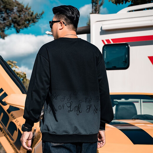 Tanye large size men's sweatshirt men's autumn and winter fat men's clothing fat men plus fat enlarged letters gradient color casual tops trendy brand t22356 black 6XL recommended 240-255Jin Jin is equal to 0.5 kg