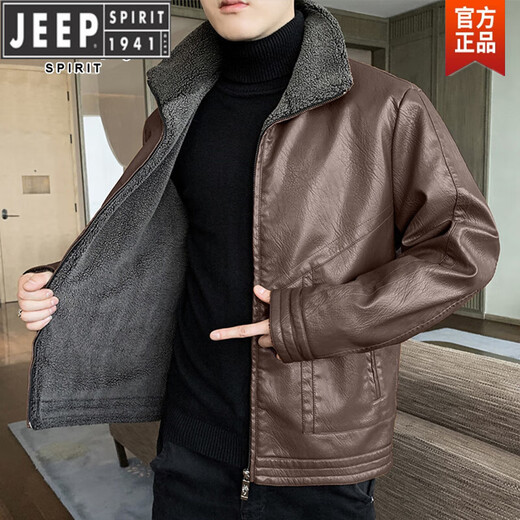 JEEP SPIRIT leather jacket men's one-piece jacket winter Haining Park 2024 new jacket plus velvet coat mink fur black 6917# higher sheepskin L