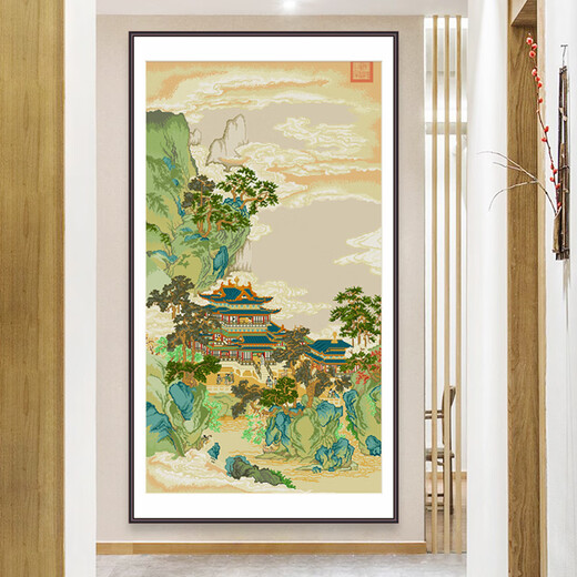 春天十字绣新款线绣南宋名画赵伯驹竖版客厅玄关仙山楼阁风景手工diy自己绣 埃及棉四股绣【6622 仙山楼阁】