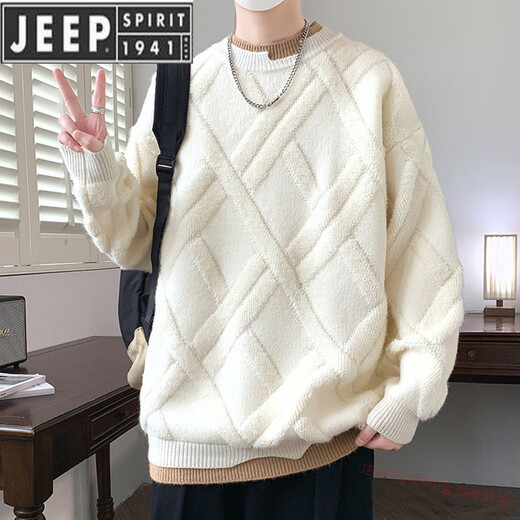 JEEP SPIRIT假两件圆领毛衣男秋冬季菱格提花针织衫青年加厚保暖打底毛线衣 9227卡其 L 约105-125斤可穿