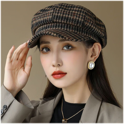 Changyin Fashion Hat Women's Versatile Winter Octagonal Hat Women's Round Face Spring and Autumn Warm Trend Korean Style Internet Celebrity British Houndstooth Black