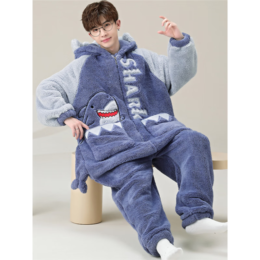 Shantoulin Village Shark Men's Autumn and Winter Large Size One-piece Pajamas 2024 Teenagers Plush Thickened Coral Fur Home Clothing YPF One-piece 3890 Gray Cat M Size 160C/95Jin[Jin equals 0.5 kg]