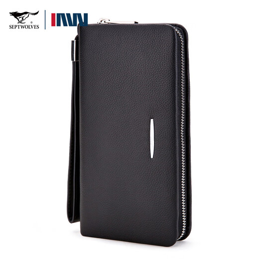 Seven Wolves men's handbag head layer cowhide large capacity clutch single zipper handbag Father's Day gift practical for dad black small trumpet 21 wide 11 thick 3cm