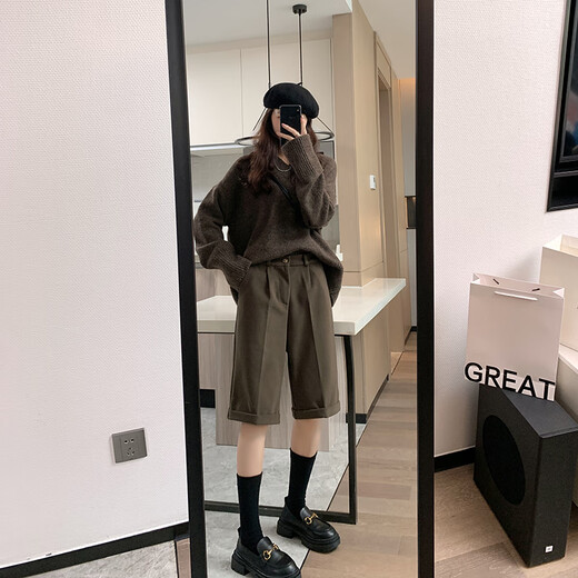 CamalgOri winter five-point woolen shorts for women, thickened outer wear, high waist, versatile, fat mm size, small straight hemmed mid-pants for women, brown M