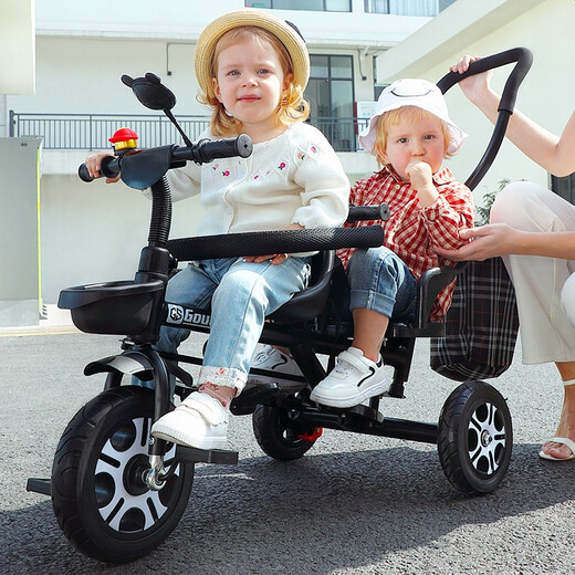 Hafulong (Hafulong) Kinderdreirad doppelte Zweisitzer Baby Fahrrad Twin Cart Baby Leichter Kinderwagen Großer schwarzes Doppelflugzeugrad + Sicherheitsgurt + Heckkorb
