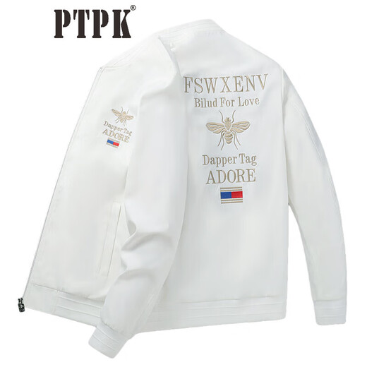 PTPK trendy brand embroidered bomber jacket men's slim spring and autumn new casual men's versatile baseball uniform jacket top white little bee J801 regular style M (recommended 105-120Jin Jin equals 0.5 kg)