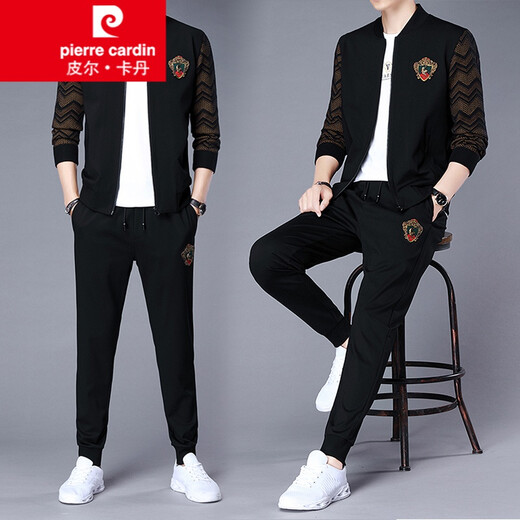 Sweat-shirt de Pierre Cardin Sweat Men's Sports Suit pour hommes et automne décontracté deux pièces décontractées et polyvalent beaux pantalons veste veste en tricot noir 6628 165 / 80A