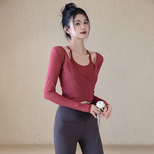 LULULOMDDW hot girl yoga wear two-piece set women's autumn and winter blouse mesh sports long-sleeved top Pilates fitness set Anchor red two-piece set bra + blouse M