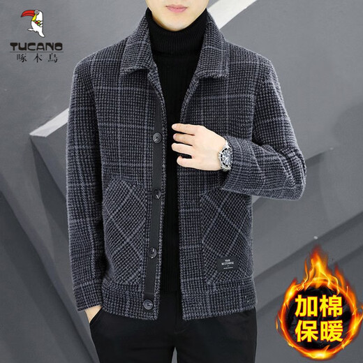 Woodpecker (TUCANO) Woolen Jacket Men's 2025 New Lapel Casual Jacket Autumn and Winter Business Woolen Tops Plus Velvet Trendy Khaki Plus Velvet 3XL Recommended 145-160Jin Jin equals 0.5 kg