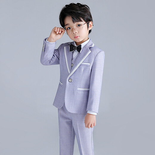 闪闪蓝宝 儿童西装男童礼服西服套装花童演出服小孩钢琴表演服主持人正装 灰色外套+马甲+长裤+领结 120码建议体重37-43斤