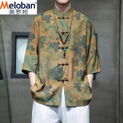 美罗邦 MELOBAN夏季薄款衬衫中国风休闲男装冰丝唐装汉服短袖宽松五分袖盘扣衬衣 山水 4XL 参考175-190斤左右