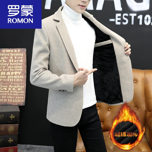 ROMON men's velvet thickened small suit tailored autumn and winter woolen coat Korean style casual set with suit gray L 170