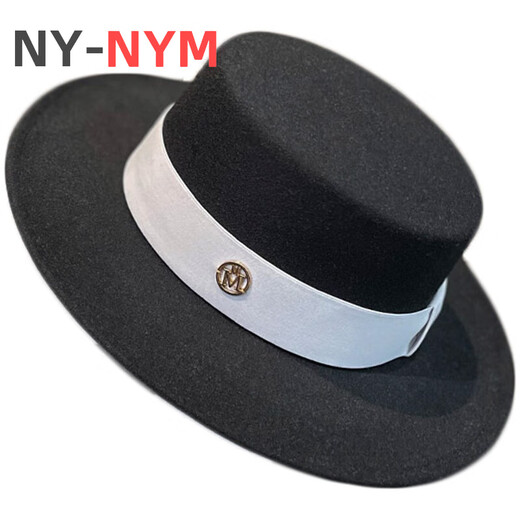 NY-NYM Sombrero de Jazz de Lana de Moda Retro de Estilo británico Sombrero de Mujer Marca de Moda Sombrero Plano de Todo fósforo de la alta sociedad francesa Sombrero Blanco + Banda Negra M (56-58 cm)