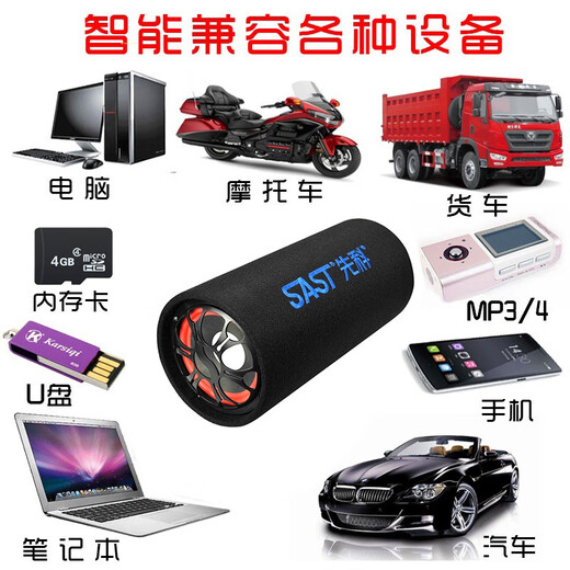 先科车载音响低音炮 12V/24V/220V汽车音箱蓝牙无线插U盘带功放圆形 黑色 5英寸喇叭