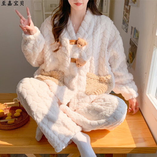 Coral velvet confinement clothes in autumn and winter thickened sweet pajamas for pregnant women for postpartum breastfeeding and pregnancy. MY-9923 Green pocket bow [0-15 L (recommended 100-130 Jin [Jin equals 0.5 kg])