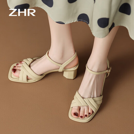 
ZHR Sandals for women in summer elegant one-length strap thick heels for women gentle solid color high heels for women Y683 light yellow 38