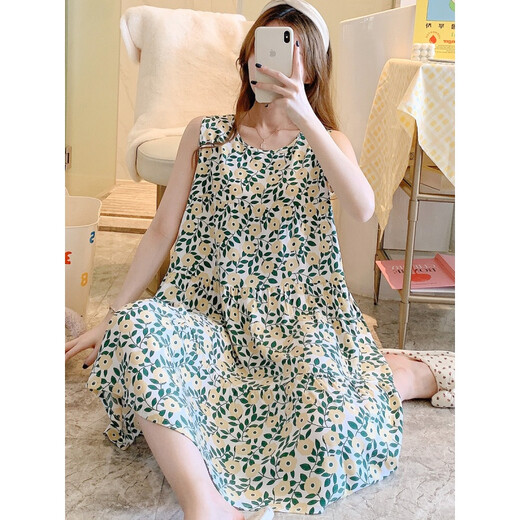 Zhidoudou sans manches en coton de nuit en soie en soie pour les femmes en printemps et en été Internet célébrité grande taille pyjamas vêtements à la maison jupe de fée japonaise jupe de coton mince 1697 Fondation orange petite fleur m