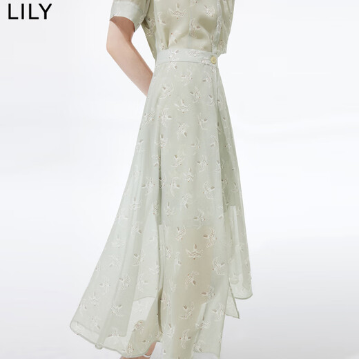 LILY夏新款女装设计感两穿时尚海鸥印花高腰连衣裙半裙 717卡其 S