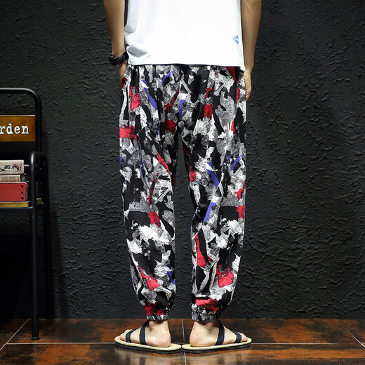 Huatianmu Spring and Autumn Casual Pants Men's Cropped Pants Fashion Loose Men's Trendy Printed Pants Personalized Harem Pants 9-point pants Brown 2XL