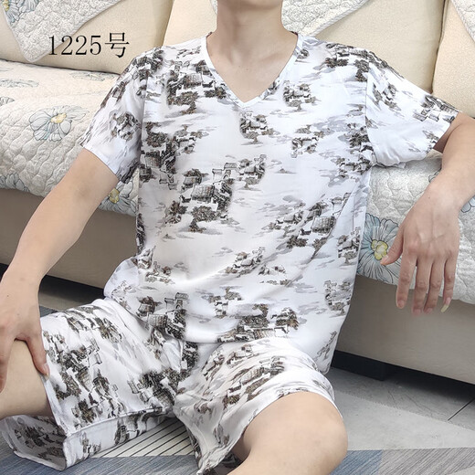 睡衣男棉绸绵绸睡衣男夏短袖短裤大码青年薄款宽松套头人造棉家居服棉绸套装 1203号色 3XL合适体重160斤以内