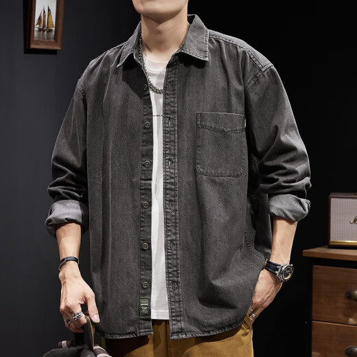 罗蒙牛仔衬衫男士秋季户外重磅工装外套春秋季美式蓝色耐磨纯色上衣男 Z757蓝色 XL