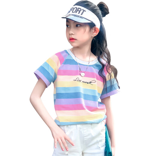 憨憨象女童短袖t恤2025夏季新款纯棉潮T儿童韩版宽松条纹上衣中大童夏装 9922白色 160
